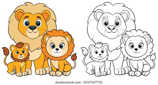 Happy Lion Family Cartoon Coloring Page For Kids. Animal Coloring Book Printable. Lion Cartoon Vector Illustration
