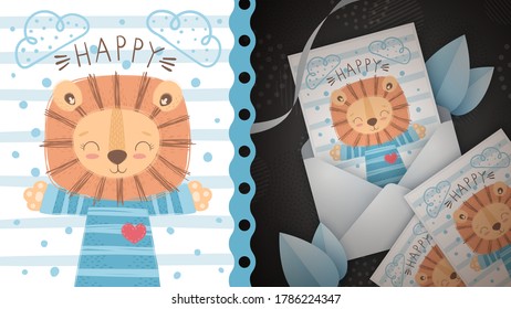 Happy lion idea for greeting card.