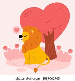 Happy lion isolated on white background. Sitting under the love tree for a reluxe. Vector illustration