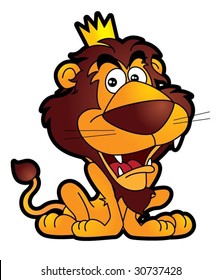 Happy lion king cartoon wears a crown. The lion king vector illustration mascot