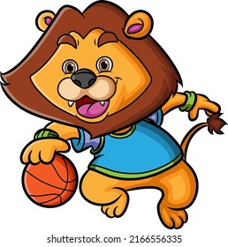 The happy lion is playing the basketball and dribble the ball of illustration