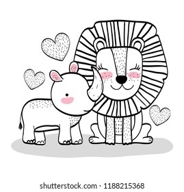 happy lion and rhino animals with hearts