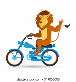 Happy lion rides the bike. Amazing circus show. Funny performance. Entertainment on the stage. Can be used for banners, posters, invitations, birthday cards. Comedian show. Vector design illustration
