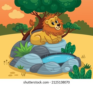 Happy Lion sitting on a rock looking over Savannah. Vector illustration.