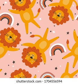 Happy lions, hand drawn backdrop. Colorful seamless pattern with animals. Decorative cute wallpaper, good for printing. Overlapping background vector