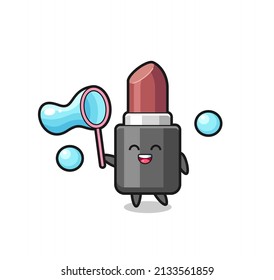 happy lipstick cartoon playing soap bubble , cute style design for t shirt, sticker, logo element