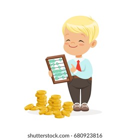 Happy lirrle boy businessman counting his money, kids financial business vector Illustration