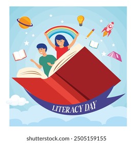 Happy Literacy Day. A Boy and a Girl Fly Over a Book. Imagination Concept, Reading Books Becomes an Adventure. Flat vector modern illustration 