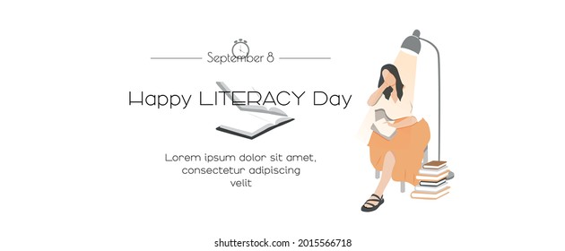 Happy Literacy Day Card. September 8. Young Girl Reading. Card With Place For Text. Flat Vector Illustration.