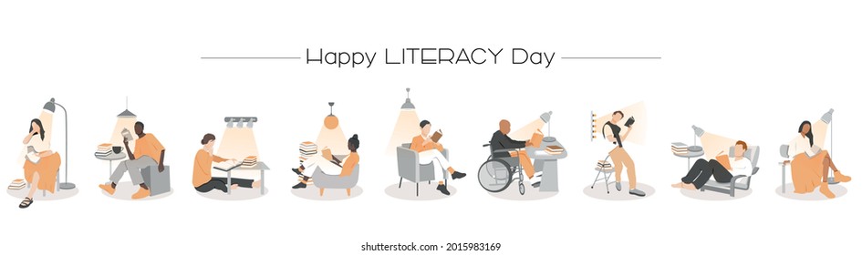 Happy Literacy Day card. Young boys and girls reading. Flat vector illustration.