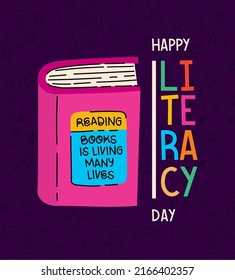 happy literacy day cartel with a pink book