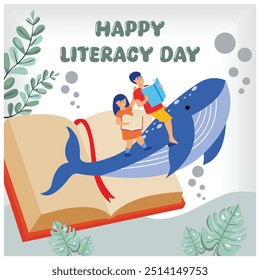 Happy Literacy Day. Concept of Children Imagination, Reading Books Becomes an Adventure of Fantasy and Imagination. Flat vector modern illustration