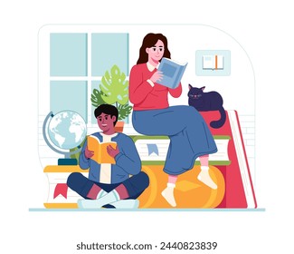 Happy Literacy Day. Girl and boy reading book, International Literacy Day concept design. Vector illustration