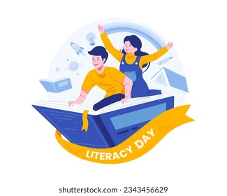 Happy Literacy Day Illustration. A Boy and a Girl Flying on a Book. Imagination Concept, Reading Books Becomes an Adventure