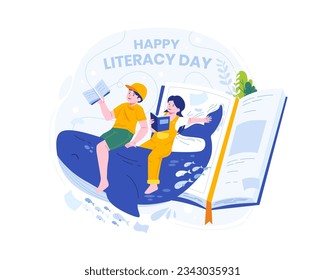 Happy Literacy Day Illustration. Children's Imagination Concept, Reading Books Becomes an Adventure of Fantasy and Imagination