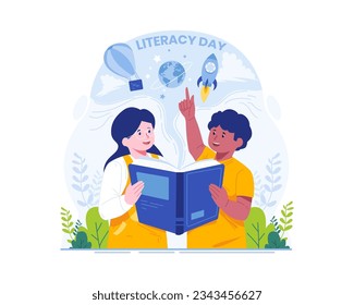 Happy Literacy Day Illustration. Two Cute Kids Reading an Educational Book. Children's Imagination Concept