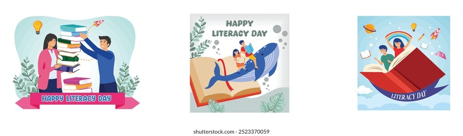 Happy Literacy Day on September 8. Reading Books Becomes an Adventure of Fantasy and Imagination. Happy Literacy Day. Set flat vector modern illustration 