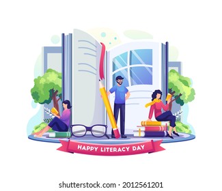 Happy Literacy Day. People celebrate literacy day with books as windows to the world. Flat vector illustration