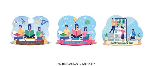 Einen glücklichen Alphabetisierungstag. Menschen lesen Bücher, um den Internationalen Alphabetisierungstag am 8. September zu feiern. Happy Literacy Day am 8. September. Flache Vektorillustration festlegen 