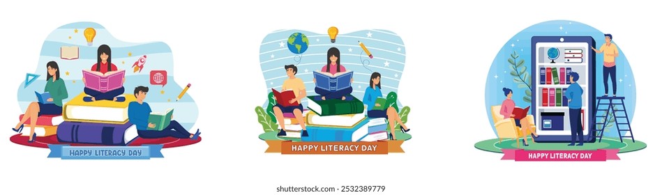 Happy Literacy Day. People are reading books to celebrate International Literacy Day on the 8th of September. People read books in digital library. Set flat vector modern illustration