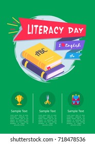 Happy literacy day poster with two textbooks, I love English text, icons of golden cup, yellow scisssors and backpack in round buttons vector