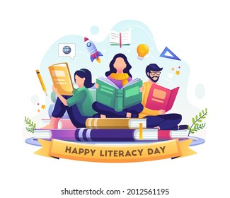 Happy Literacy Day. Young People celebrate Literacy Day by reading books. Flat vector illustration