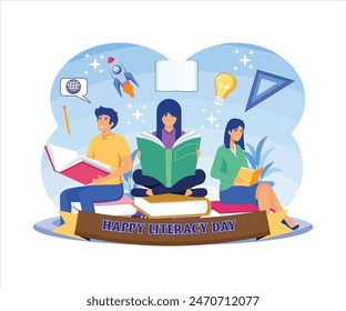 Happy Literacy Day. Young People celebrate Literacy Day by reading books. Flat vector modern illustration 