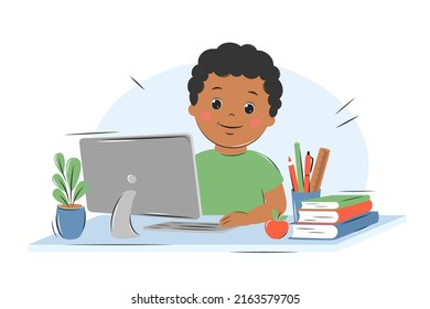 Happy little African American boy studies with computer and books. Online education, home school concept. Vector illustration