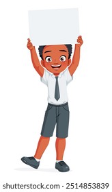 Happy little African American boy in school uniform holding a blank banner. Cartoon vector illustration isolated on white background.