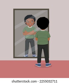 happy little African boy standing in front of mirror looking his reflection with arm crossed