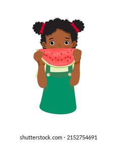 happy little African girl eating watermelon on sunny day in summertime