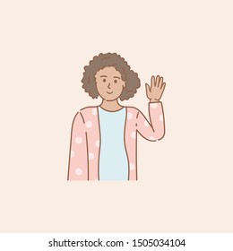 Happy little african girl with greeting gesture by palm, waving hand. Portrait of baby in kinder garden. Smiling cartoon character. Hand drawn vector illustration. Doodle style design.