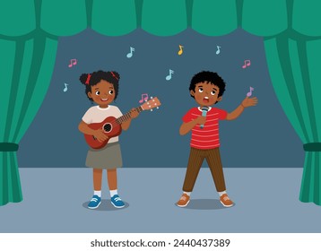 Happy little African kids singing and playing guitar performing on the stage