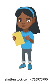 Happy little african-american girl writing on the paper attached to a clipboard. Laughing girl holding clipboard and pencil. Vector sketch cartoon illustration isolated on white background.