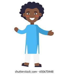 Happy little afro-american boy in national cloth celebrates international day of african child. Poster with young black male in cartoon style