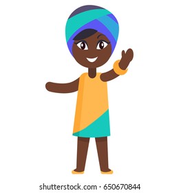 Happy little afro-american girl in yellow dress and blue headgear celebrates international day of african child. Poster with young black female in cartoon style