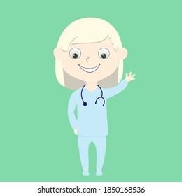 Happy Little Albino Girl Child In Doctor Clothes Waving Hello. A Cute Friendly Character For Medical Illustrations To Those Kids So That They Are Not Afraid To Go To The Doctor. Learning Professions.