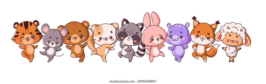 Feliz grupo de animalitos bailando Ilustración vectorial de color plano. Kawaii criaturas salvajes y mascotas fiesta composición de dibujos animados sobre fondo blanco