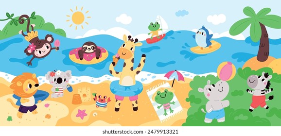 Happy little animals relaxing at sea. Summer beach holidays. Funny fauna characters swim and sunbathe. Summertime vacation. Sloth or frog in bikini. Penguin surfing