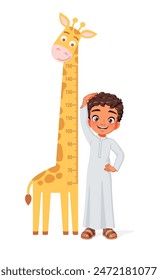 Happy little Arab boy measuring his height with a giraffe on the background wall. Cartoon style vector illustration isolated on white background.