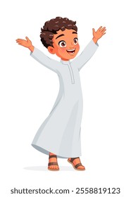 Happy little Arab boy in traditional clothes with his arms raised. Cartoon vector illustration isolated on white background.