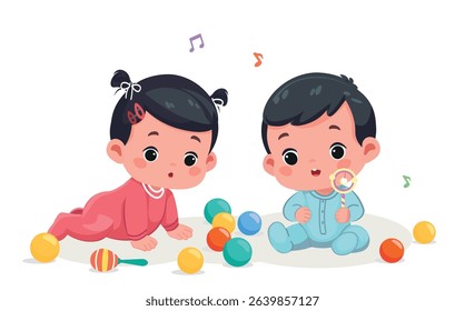 Happy Little Baby Boy and Girl Playing in Dry Pool – Cartoon Vector Illustration