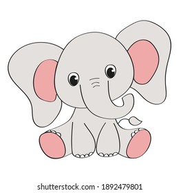 Happy little baby elephant. Postcard, drawing on clothes, poster for children in the style of a cartoon.