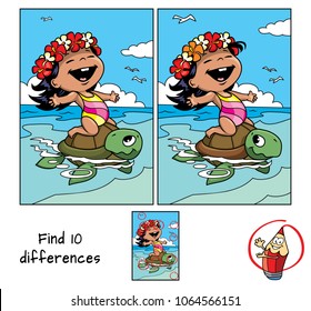 水着を着た幸せな少女と 海亀に乗ったハワイの花輪 10の違いを見つける 子供向けの教育ゲーム 漫画のベクターイラスト のベクター画像素材 ロイヤリティ フリー