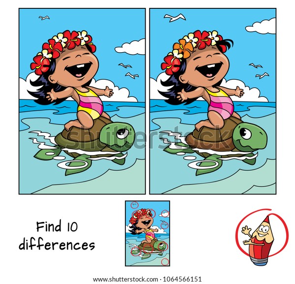 水着を着た幸せな少女と 海亀に乗ったハワイの花輪 10の違いを見つける 子供向けの教育ゲーム 漫画のベクターイラスト のベクター画像素材 ロイヤリティフリー