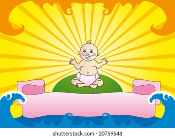 happy little baby is sitting on the green earth and sea wave with banner for your text