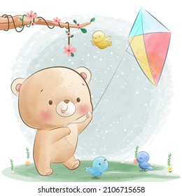 Happy little bear playing kites at the park