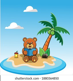 Happy Little Bear reading a book on summer beach island Vector illustration in flat. summer holiday vacation.