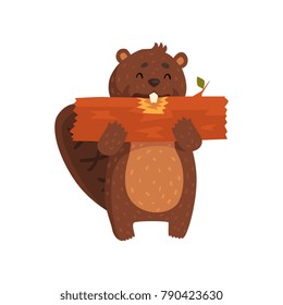 Happy little beaver eating piece of wood. Cartoon character of wild animal with big teeth, brown fur, shaped tail, little ears. Forest rodent. Flat vector design