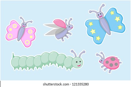 Happy little beetles, butterflies and caterpillar.